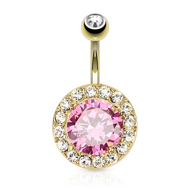 Vergoldetes Bauchnabelpiercing mit einem großen rosa Stein