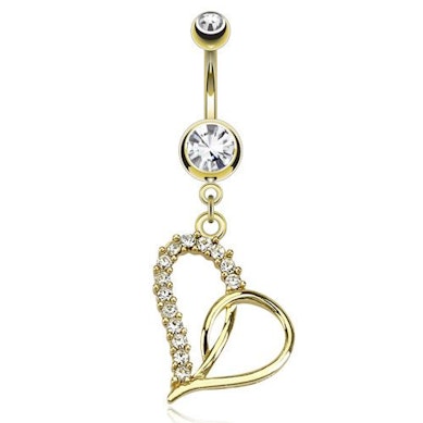 Vergoldetes Bauchnabelpiercing mit einem Herz und klaren Steinen
