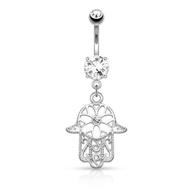 Bauchnabelpiercing mit einem Stein in der Hamsahand