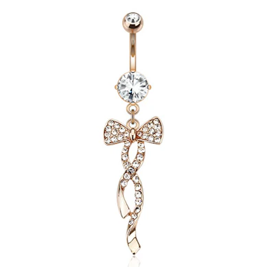 Rotgold überzogenes Bauchnabelpiercing mit einer Schleife und Steinen