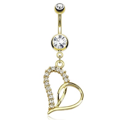Vergoldetes Bauchnabelpiercing mit einem Herz und klaren Steinen