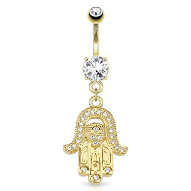 Vergoldetes Bauchnabelpiercing mit einem Hamsa-Anhänger