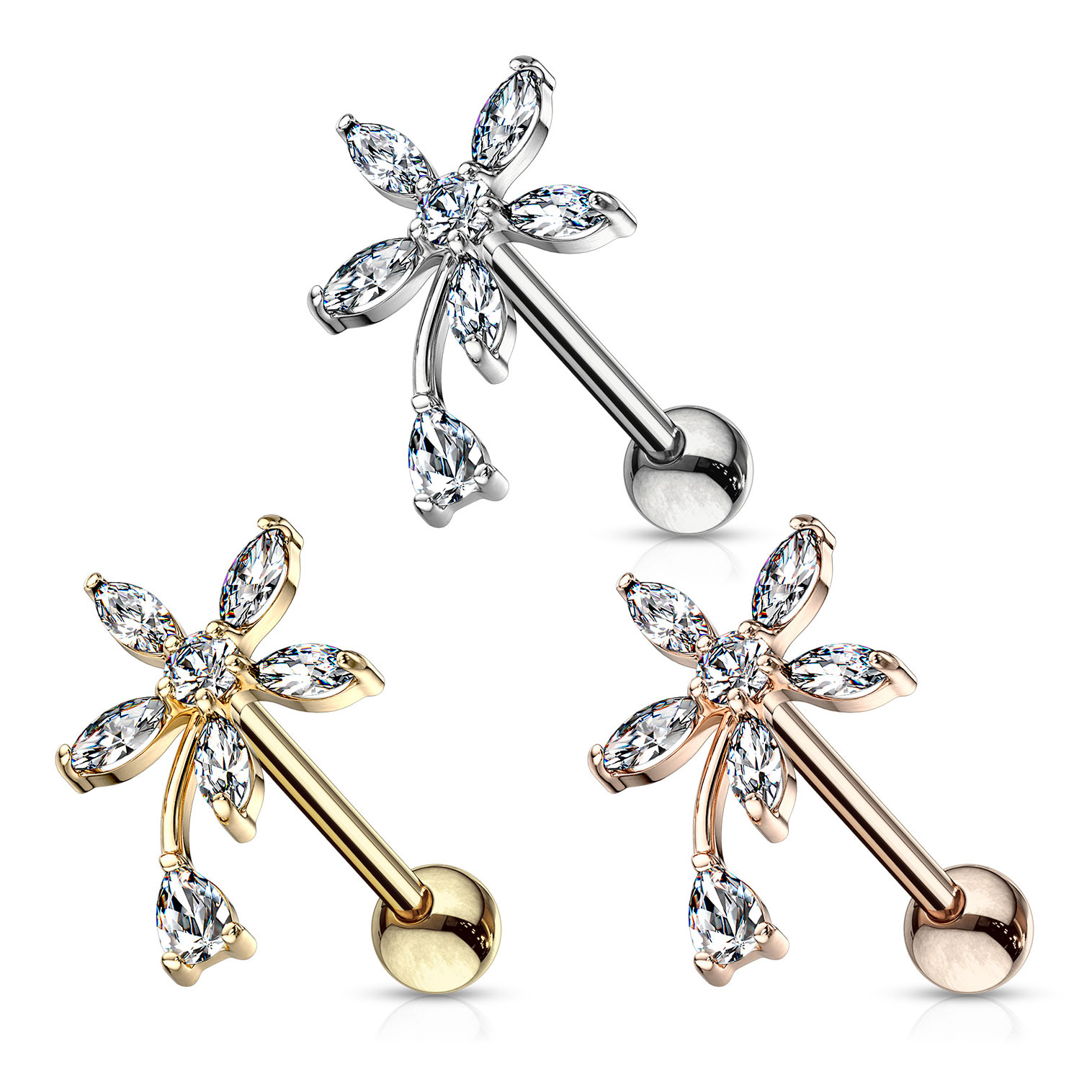 Ohrpiercing mit Blume aus tropfenförmigen Steinen