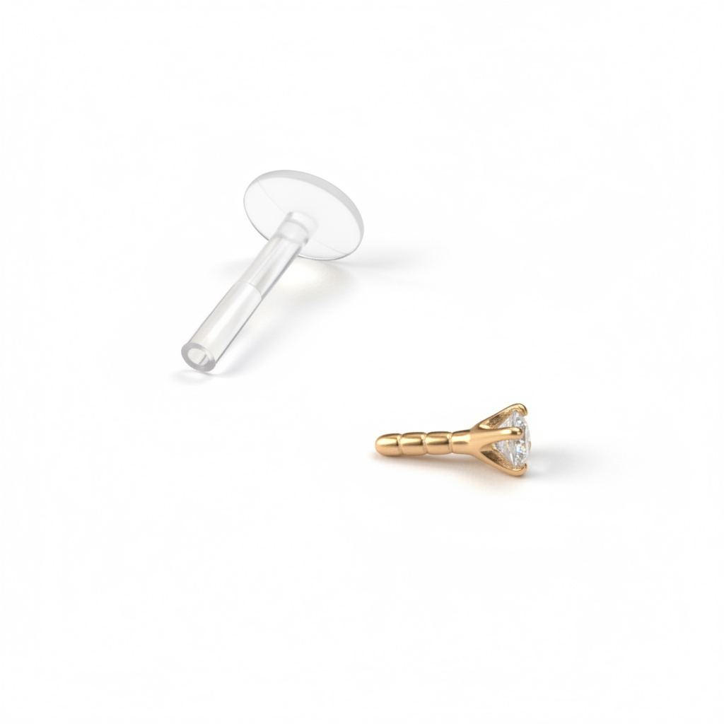 Labret aus 14 Karat Gold mit rundem Stein und PTFE Stab