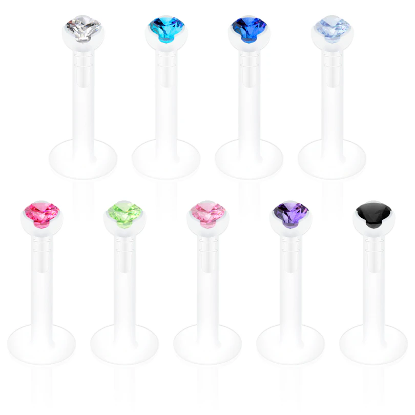 Labret aus PTFE mit einem Stein in vielen verschiedenen Farben