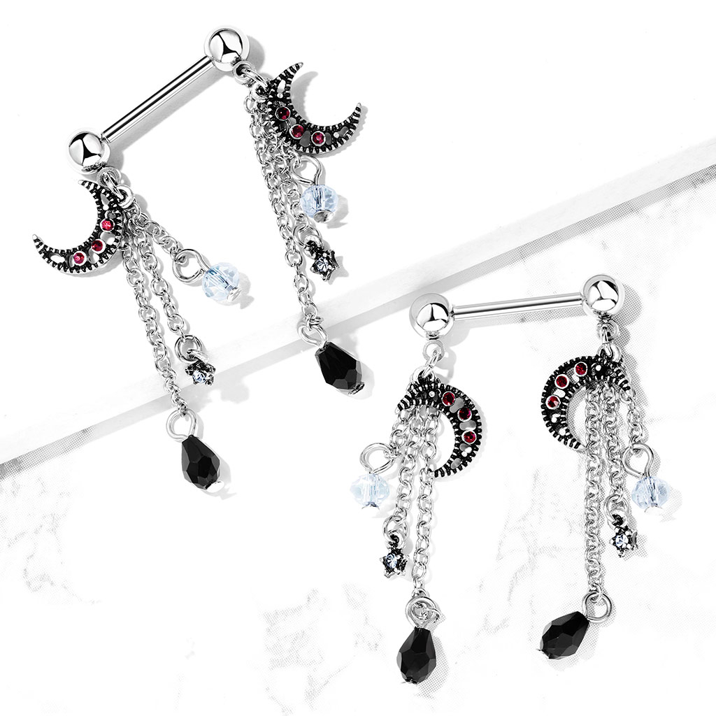 Brustwarzenpiercing mit Sternen und Monden als Anhänger