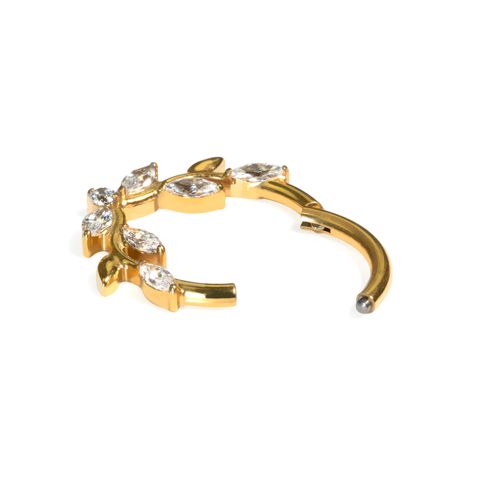 Vorwärts gerichteter Titan-Clicker-Ring mit Weinblättern und Schmucksteinen
