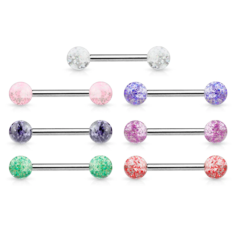 Zungenpiercing aus Chirurgenstahl mit verschieden farbigen Kugeln aus Acryl