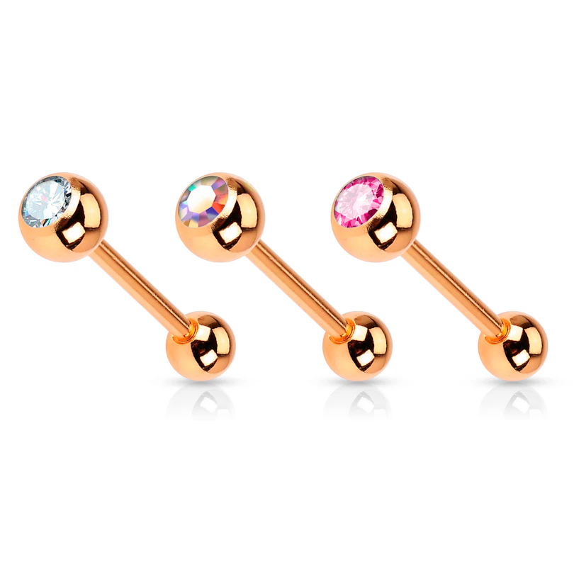 Rotgoldbeschichtetes Zungenpiercing mit Stein