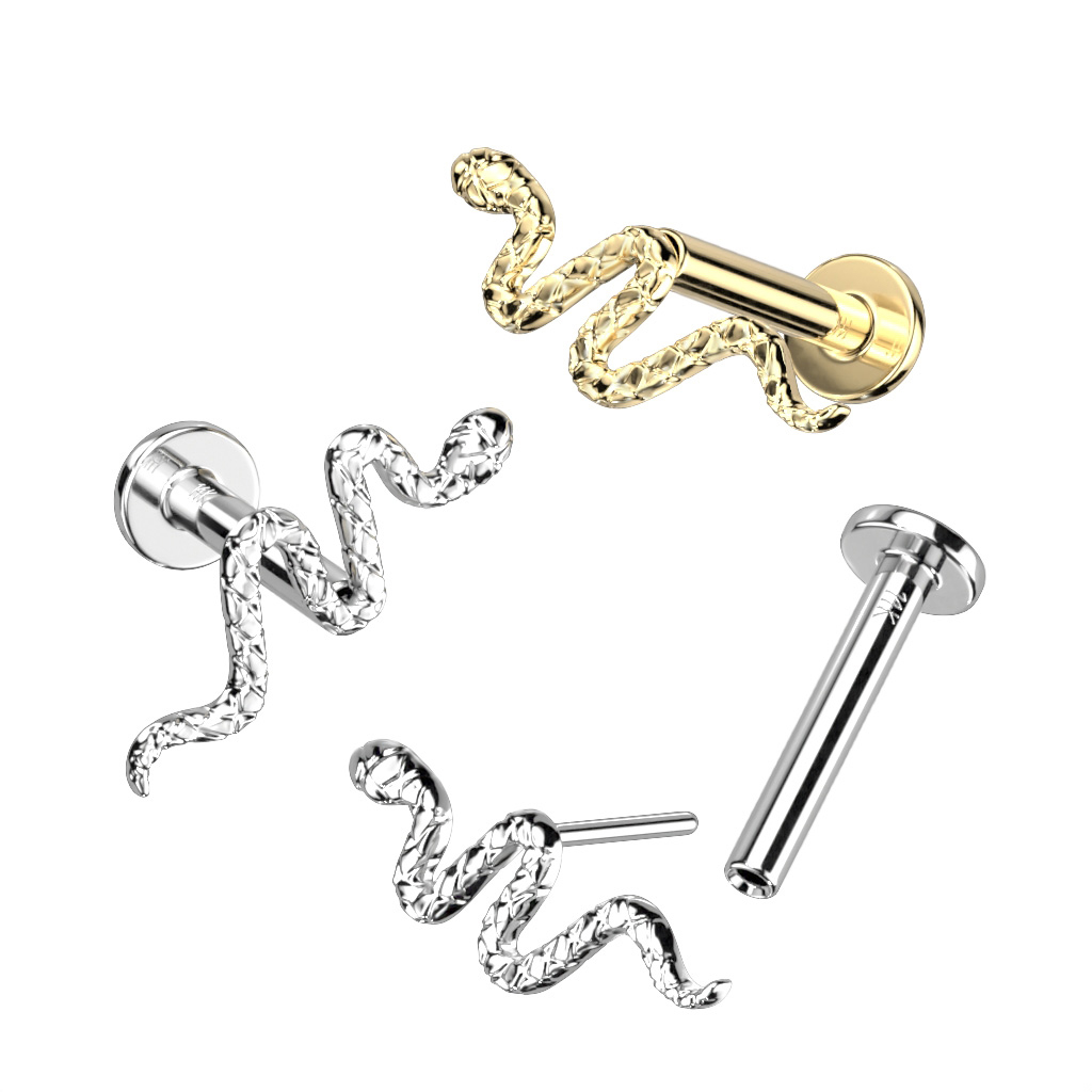 Push-in Labret aus 14kt. Gold mit detailreicher Schlange