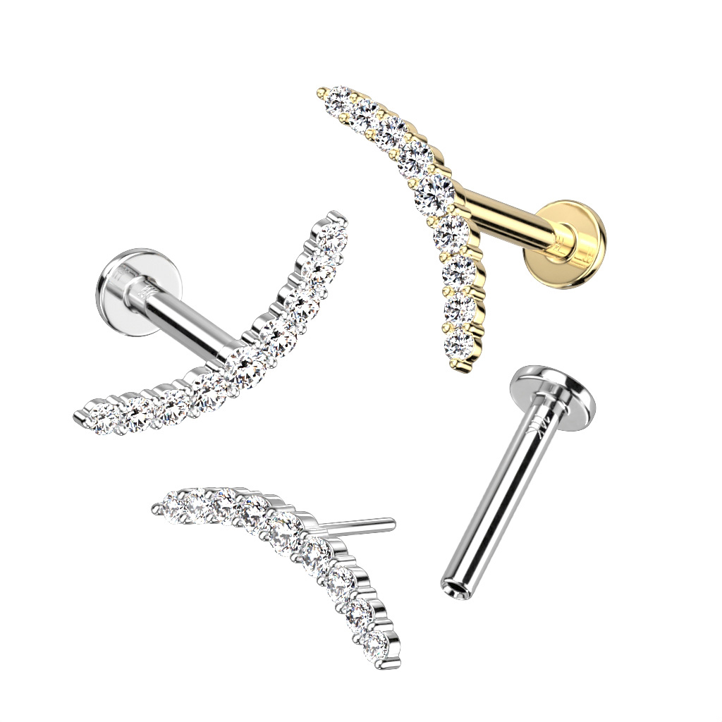 Bogenförmiges Push-in Labret aus 14kt. Gold mit CZ Steinen