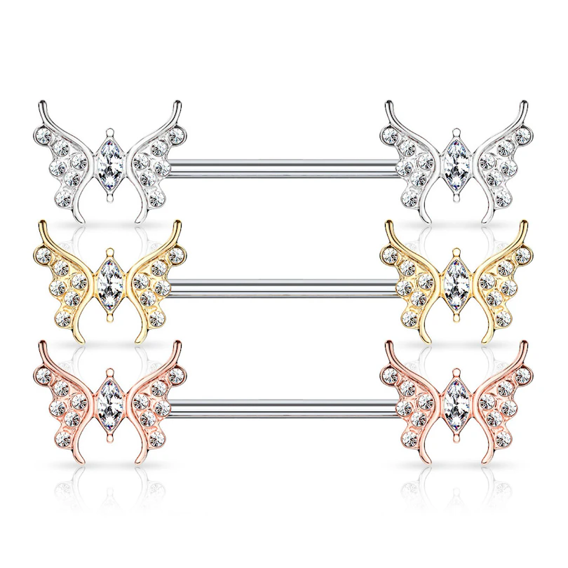 Brustwarzenpiercing mit Schmetterlingen und Steinen